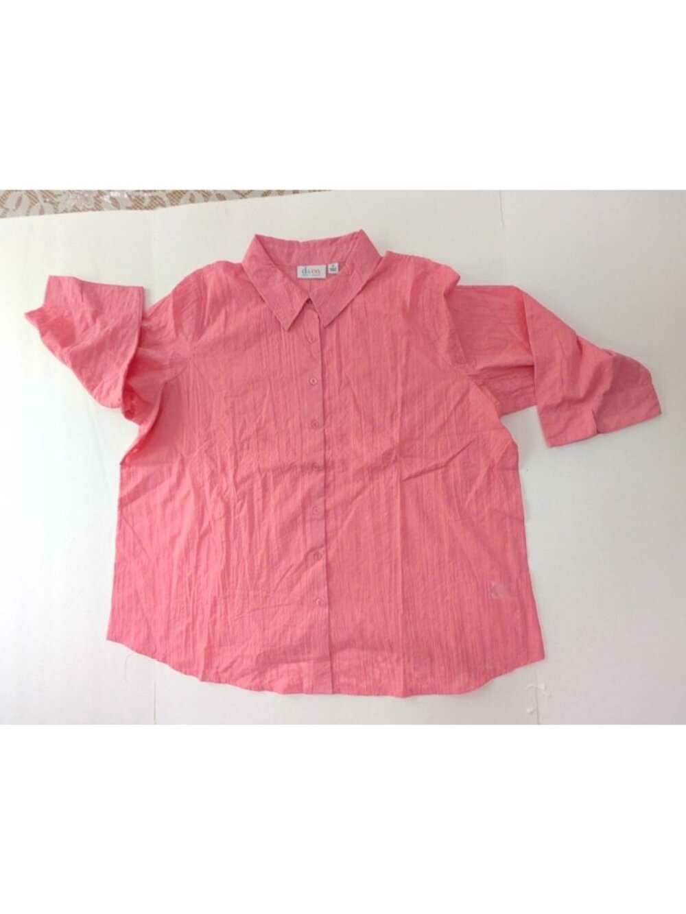 Denim & Co Pink Button Up Blouse Size 1X Top Sheer Floral Pattern 3/4 Sleeve